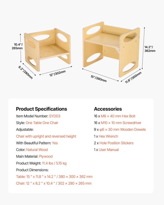 Afmetingen en specificaties van een naturel houten kinderstoel en tafel. Stoel: 26.5x28x10.4cm. Tafel: 36.2x30x15cm.