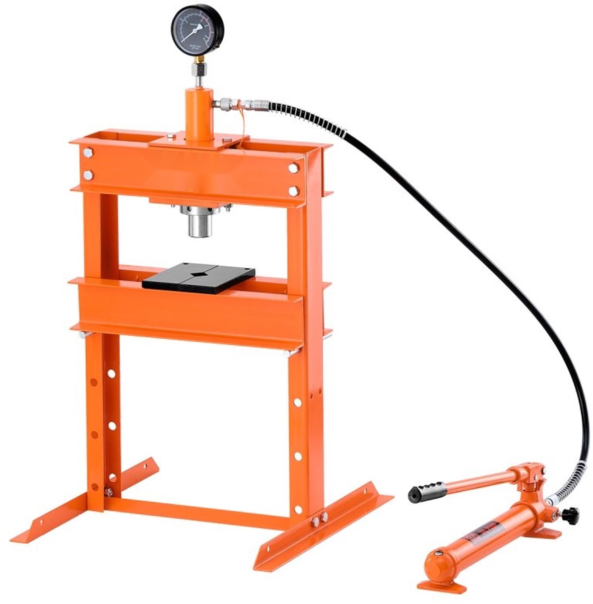 Hydraulische Werkplaatspers - H-frame - 10 Ton Capaciteit - Met Persplaat - Verstelbare Werkhoogte - Cilinderslag 130 mm - Overdrukventiel - Voor Buigen, Richten, Ponsen - Oranje