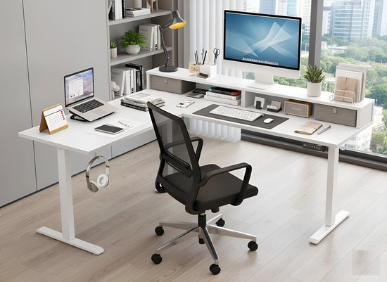 L-vormig Elektrisch Zit-Sta Bureau met Laden 160x140 cm ...