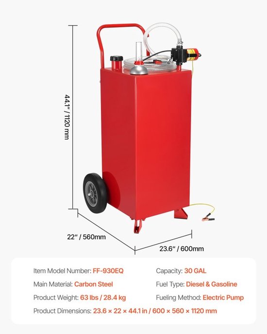 Brandstoftrolley - Mobiele brandstoftank - Met elektrische pomp - Capaciteit 114 l - Debiet 32 l/min - Slang 3 m - Wielen 2 - Voor diesel & benzine - Rood — afbeelding 3