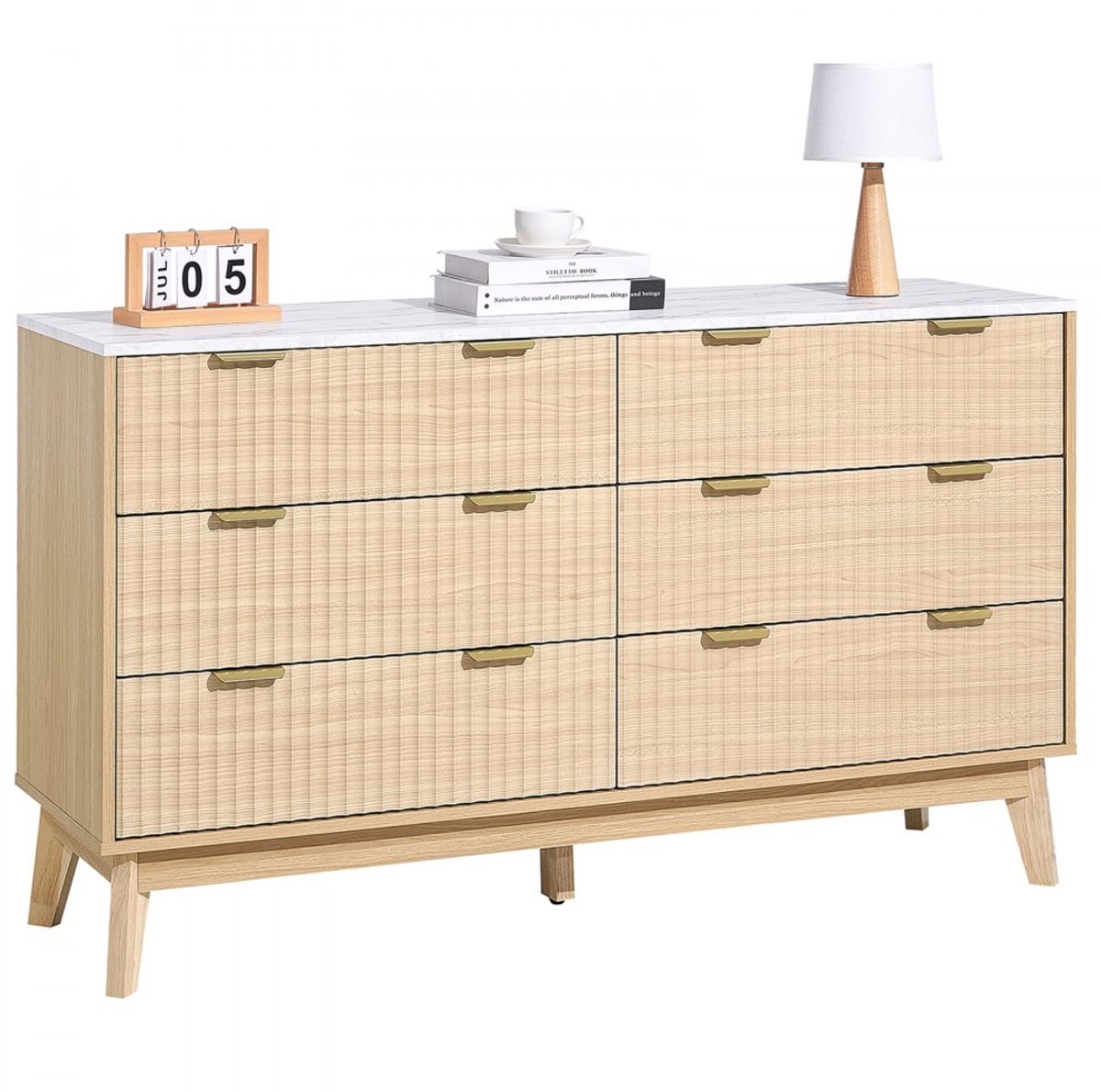 Ladekast - Dressoir met 6 Lades - Gecanneleerde Fronten - Schuif- en Kantelbeveiliging - Minimalistisch Modern Design - Afmetingen 137,2 x 81,3 x 39,9 cm - Licht Hout
