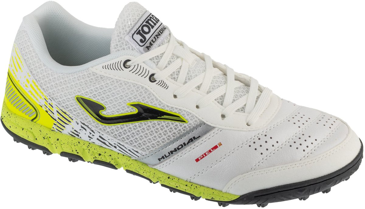 Witte Joma Mundial 25 MUNW TF voetbalschoen voor mannen, maat 44,5, van grof leder met gele en zwarte accenten.