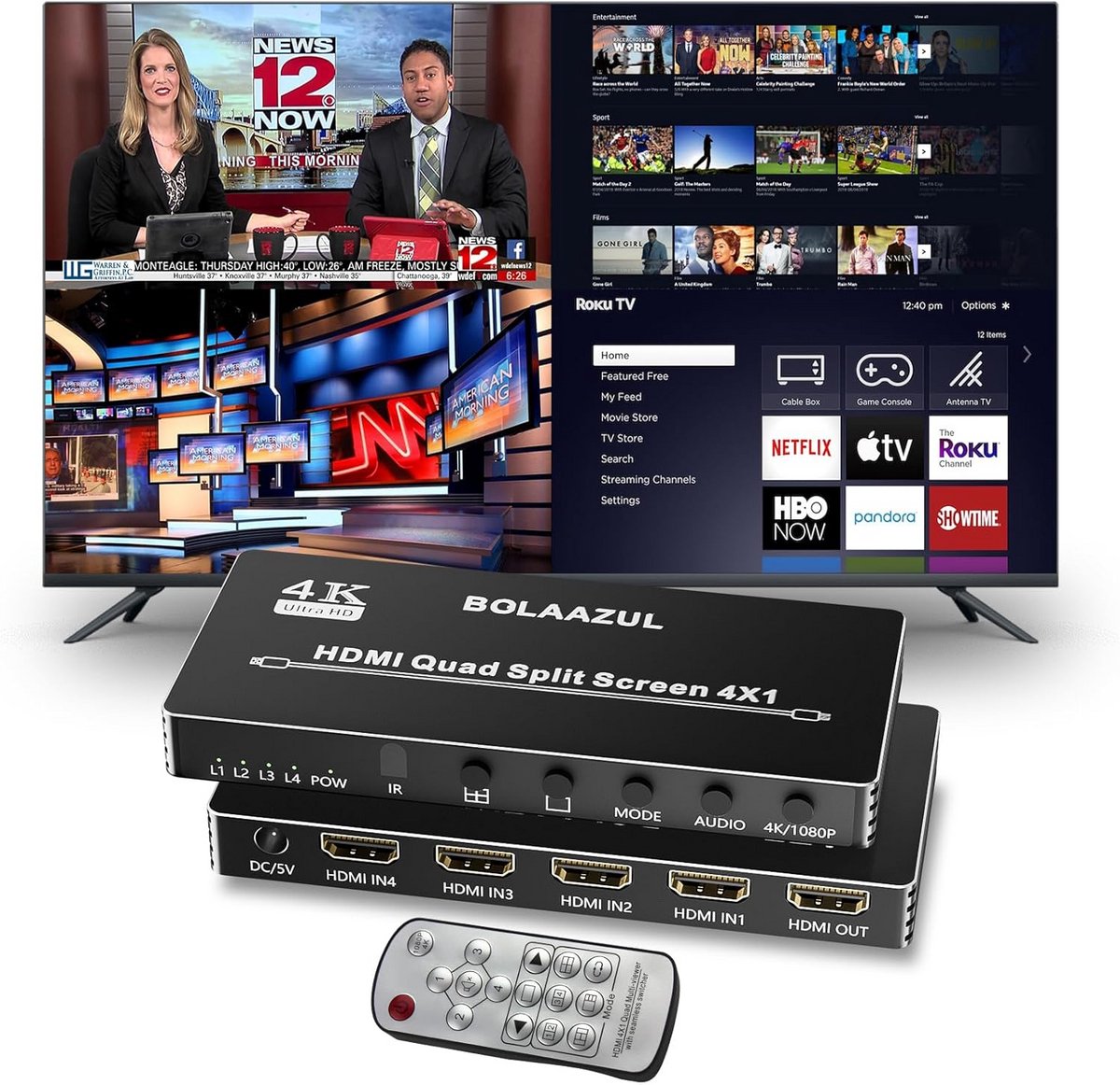 HDMI Multiviewer Switch 4K 4x1 met 5 weergavemodi, Quad Multi-Viewer 4 in 1 voor PS4, DVD, camera, PC en TV