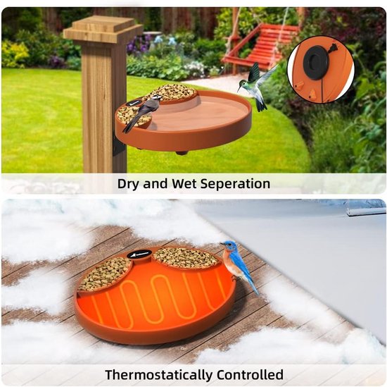 Oranje vogelbad met gescheiden droge en natte zones, met thermostaat voor gebruik in de winter.