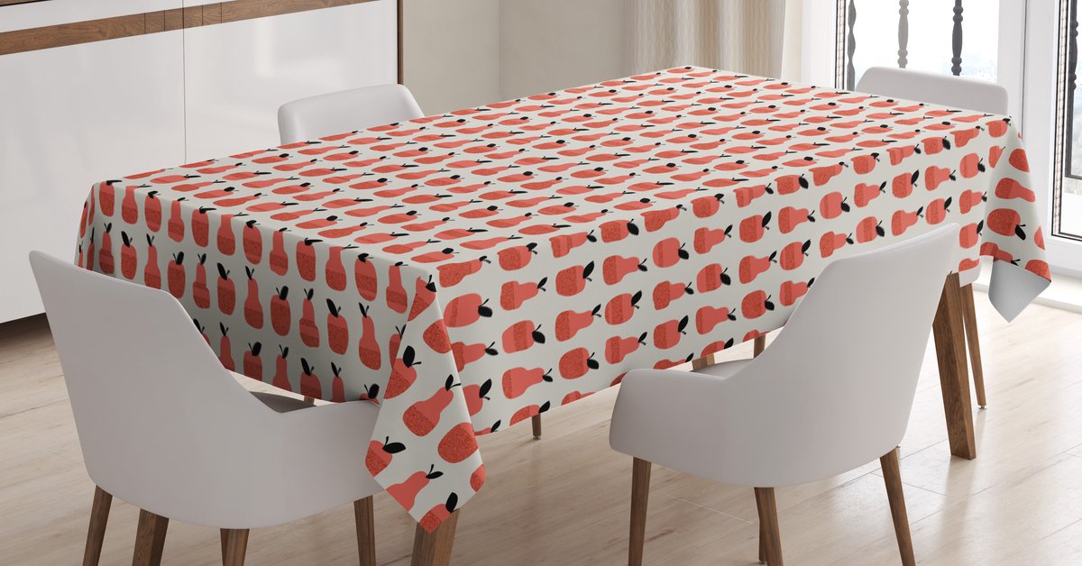 ABAKUHAUS Tafel-loper met fruit – Abstracte appels en peren, satijn, koraal