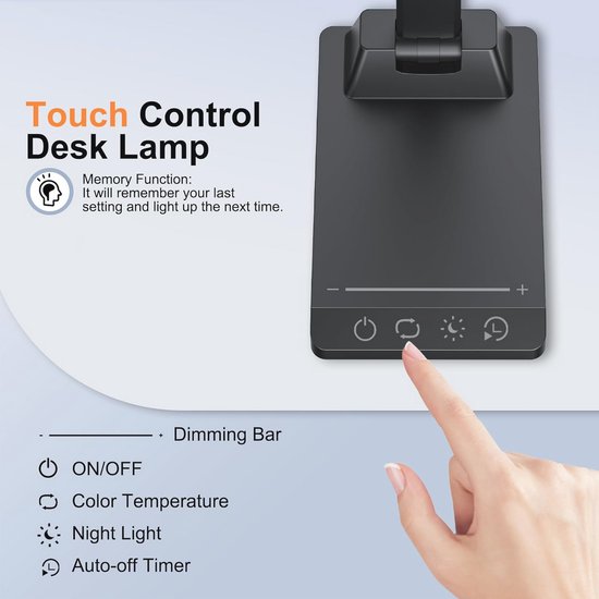 Dimbare LED Bureaulamp met Draadloze Accu en Touch-Bediening - 5 Kleuren en 10 Helderheidsniveaus voor Lezen en Studeren — afbeelding 4