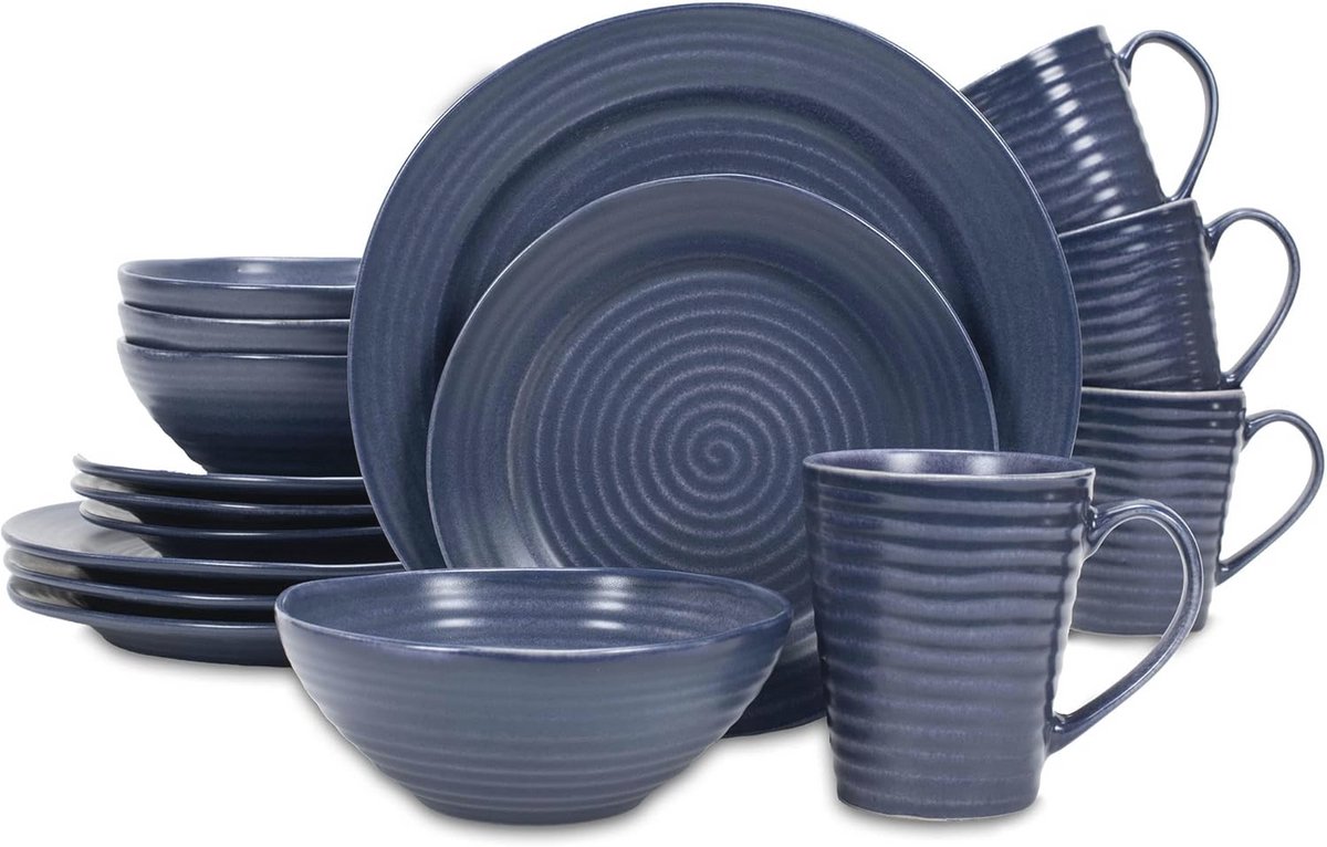 Moderne Geribbelde Keramische Serviesset - 16-delige Set voor 4 Personen in Navy Blauw