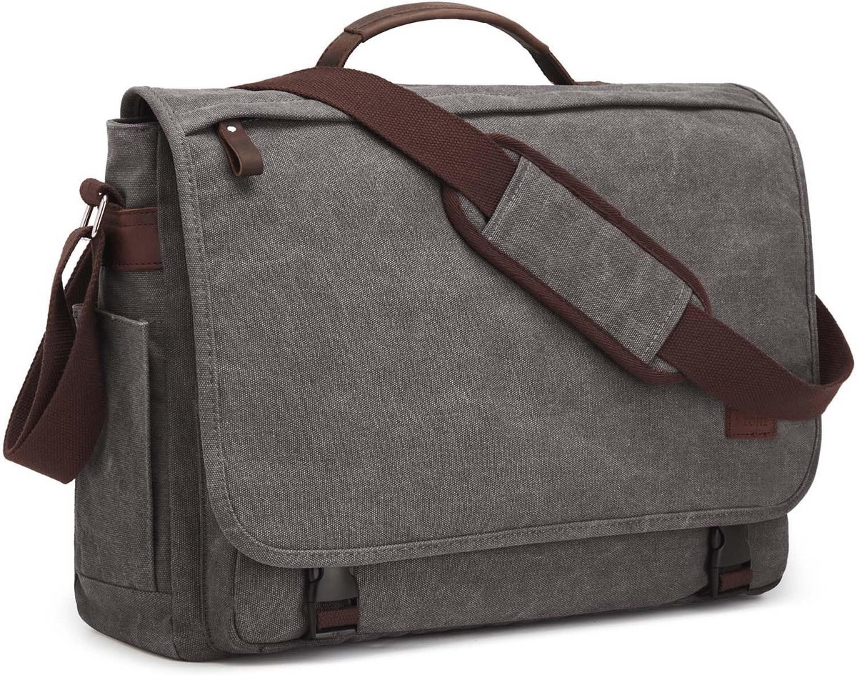 Grote Schoudertas voor Laptop - 17.3 Inch Canvas Tas met Ruimte voor Bagage