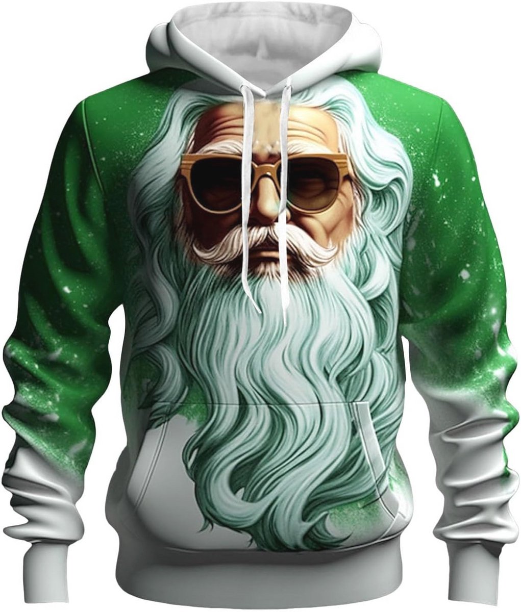 Heren kersttrui met capuchon en zak, lelijke kersttrui met rendier en wijnglazen, 3D-print sweatshirt
