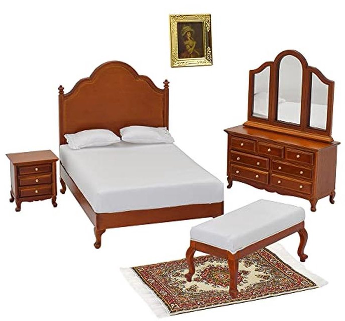 Vintage Walnoot Slaapkamer Set voor Poppenhuis – 6-delige Miniatuur Meubels in Schaal 1/12 met Geweven Tapijt