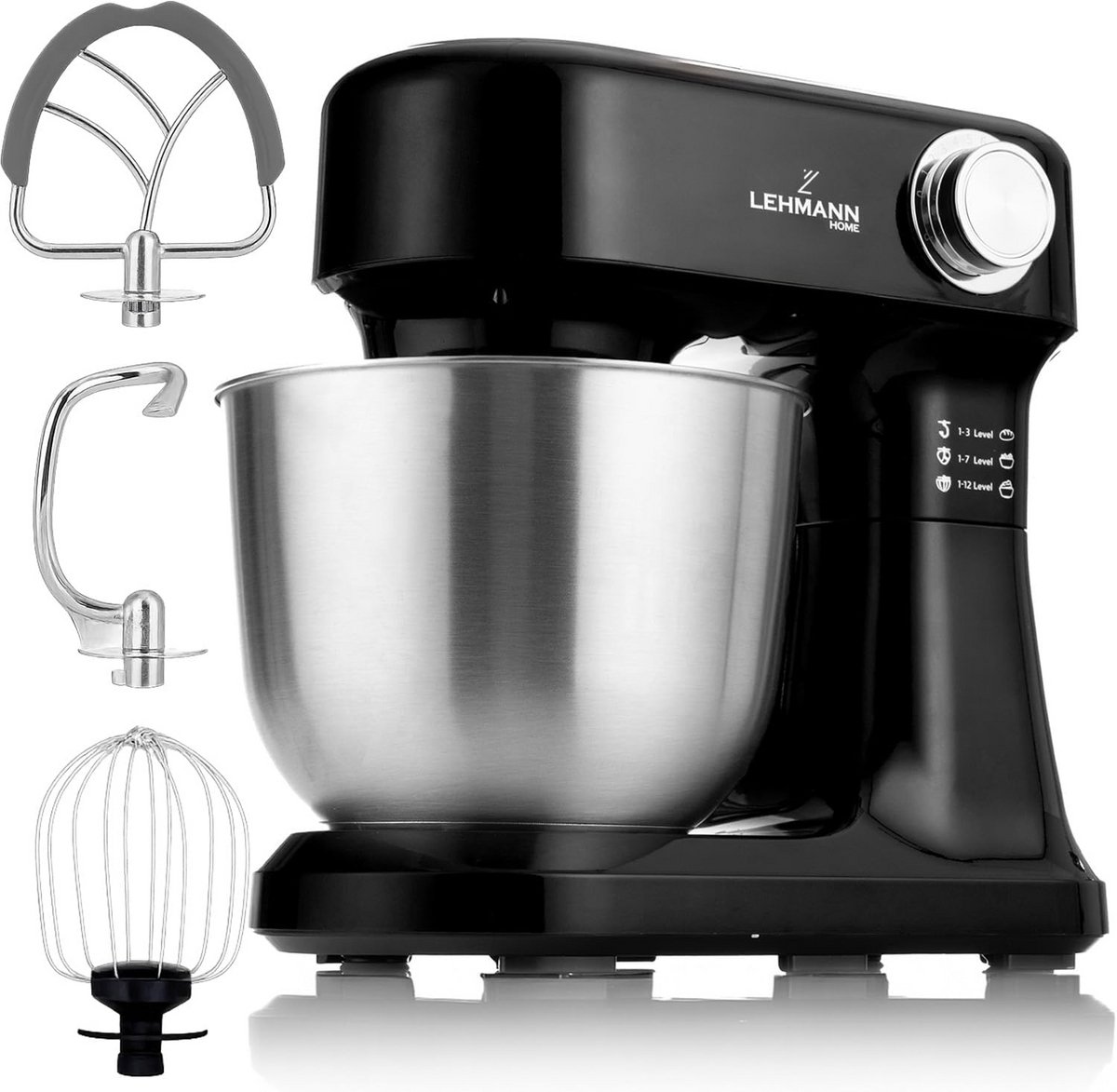 Keukenmachine met 5L kom en 12 snelheden - Kneedmachine met mengaccessoires en spatscherm - Zwart