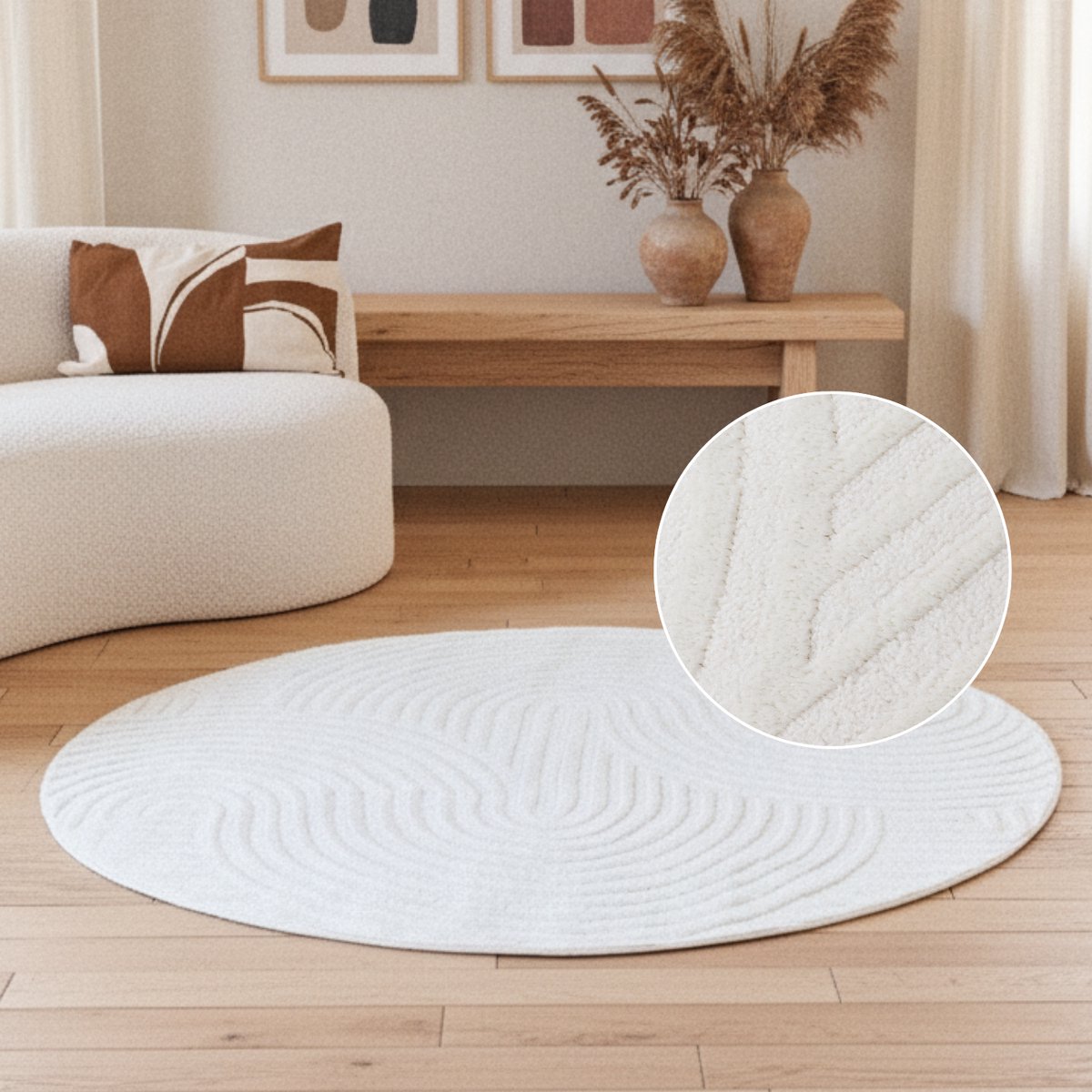 Tapiso Hygge Rond Vloerkleed Crème-Wit Laagpolig Modern Kleed met 3D Geometrisch Motief Tapijt Voor Woonkamer en Slaapkamer Slijtvast & Makkelijk te Reinigen OEKO-TEX - 200x200 Creme Wit1