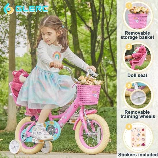Meisjesfiets 12-20 inch, Kinderfiets voor 2-13 Jaar, Prinsessenstijl met Poppenzitje en Mand, Trainingswielen, Meerdere Kleuren van Merkloos — afbeelding 2