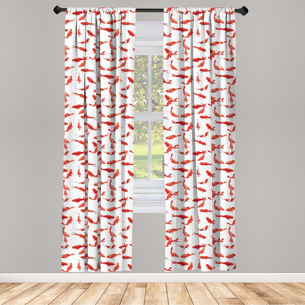 ABAKUHAUS Koi raamgordijnen – 2x75x245 cm – Koi visschool – oranje