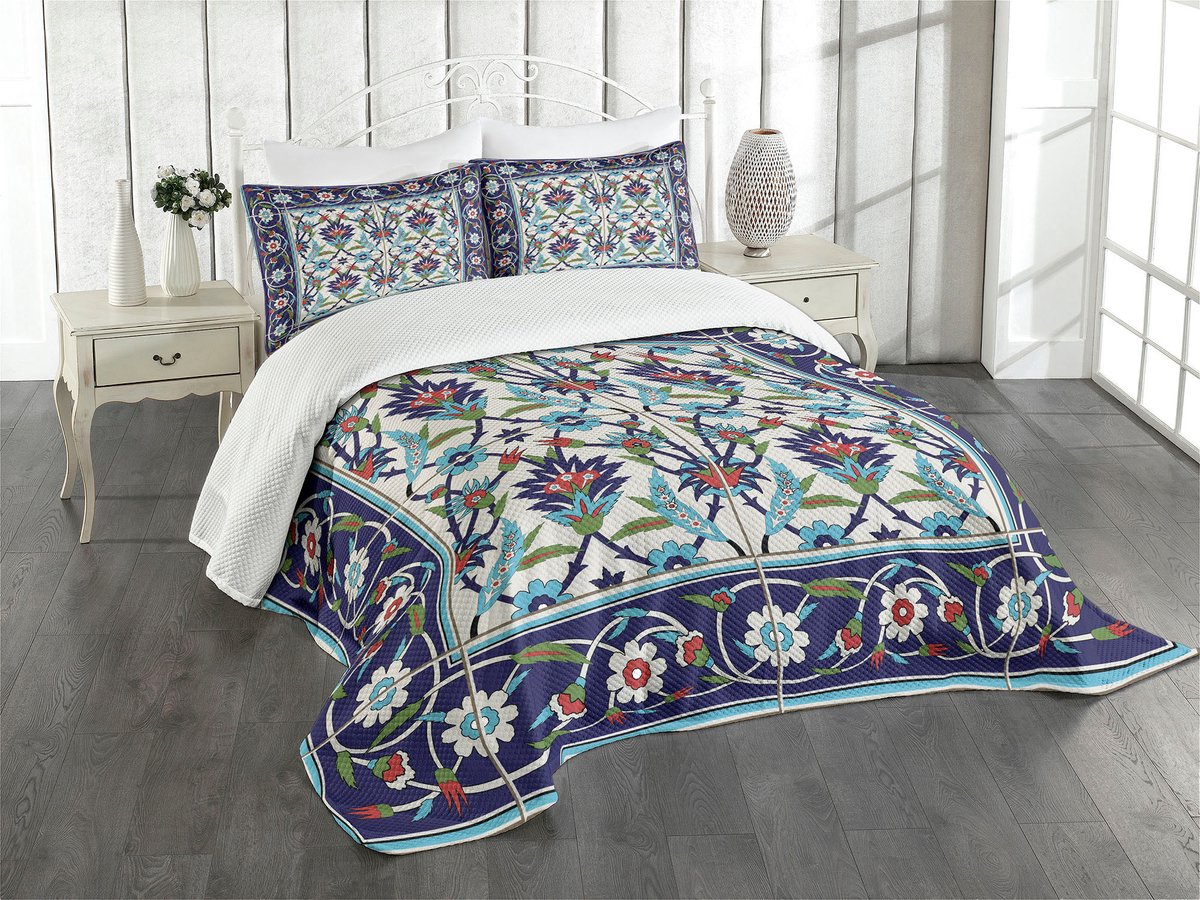 ABAKUHAUS Turkse Motief Bedspreek Set – 220x220 cm – Indigo/rood/blauw
