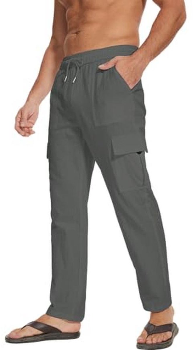 Linnen broek heren zomerlicht cargo losse vrijetijdsbroek met trekkoord