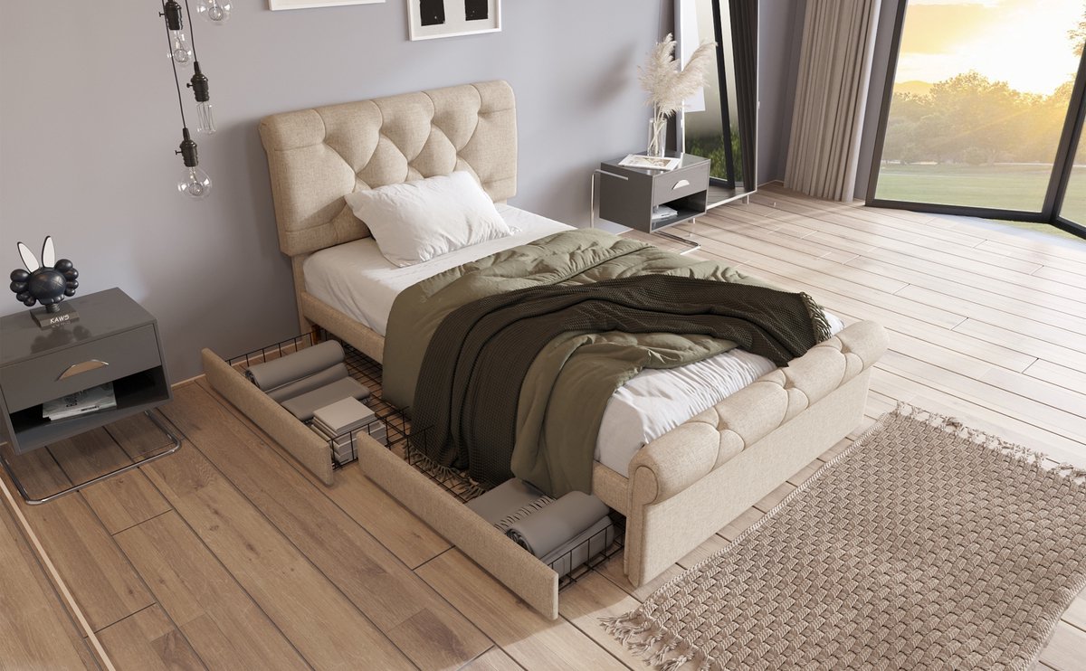 REDOM Eenpersoonsbed 90x200 cm met 2 lades, verstelbaar hoofdeinde, linnen bekleding, massief hout & metaal, naturel