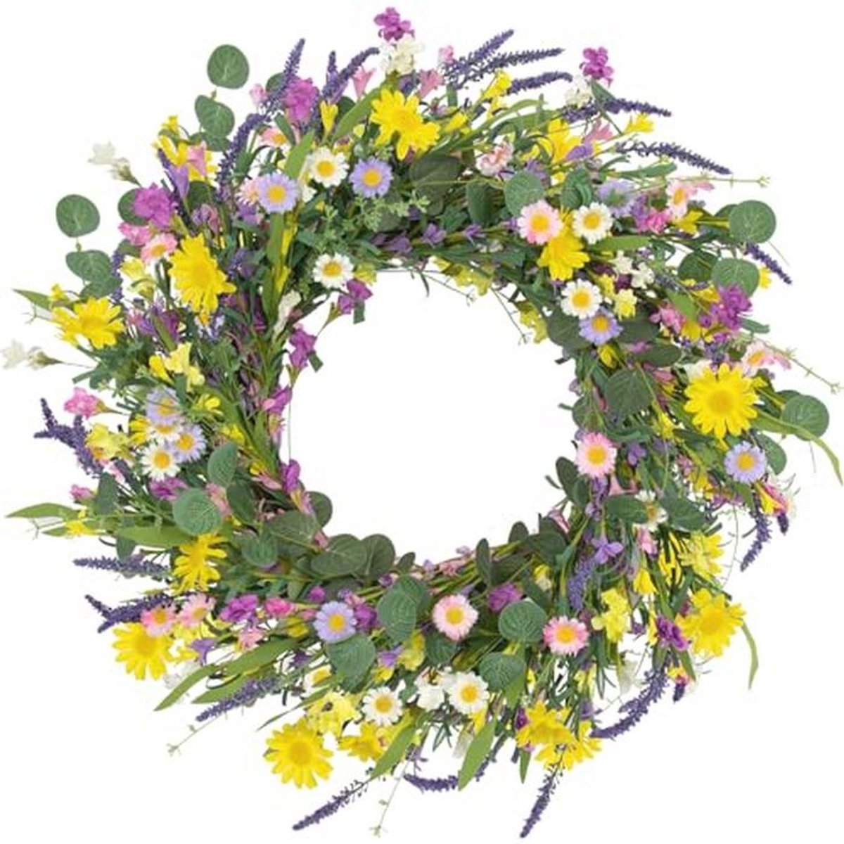 Kunstmatige Lentekrans 60 cm voor Voordeur - Zomer Bloemenkrans met Madeliefje en Lavendel