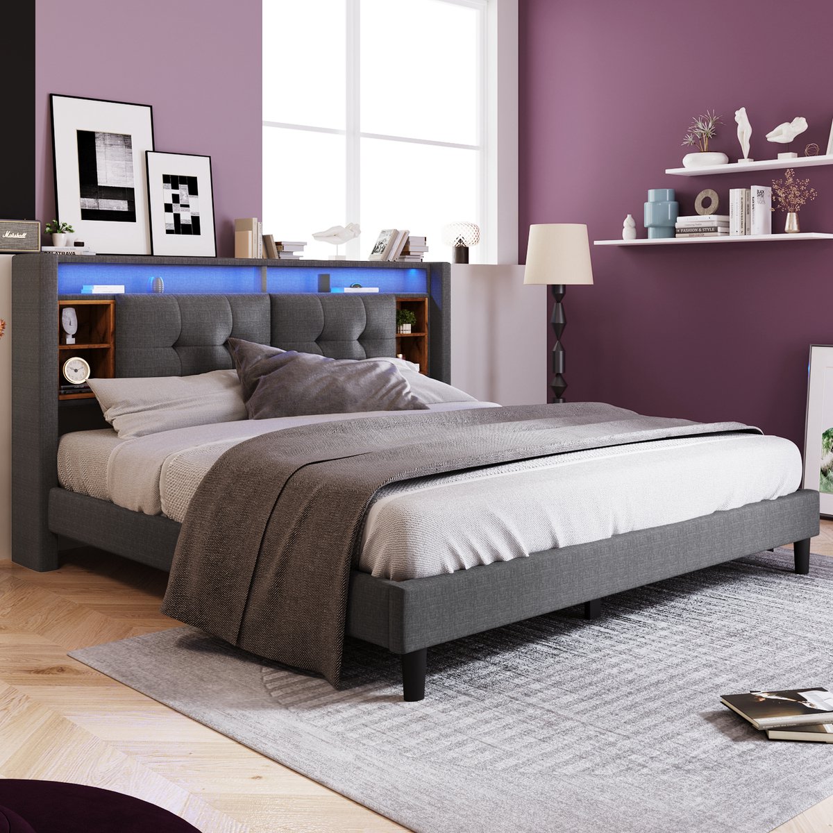 Wishdor Opbergbed 140x200 cm – Hoofdbord met Vakken & LED – USB & Stopcontacten – Grijs Hout/Linnen