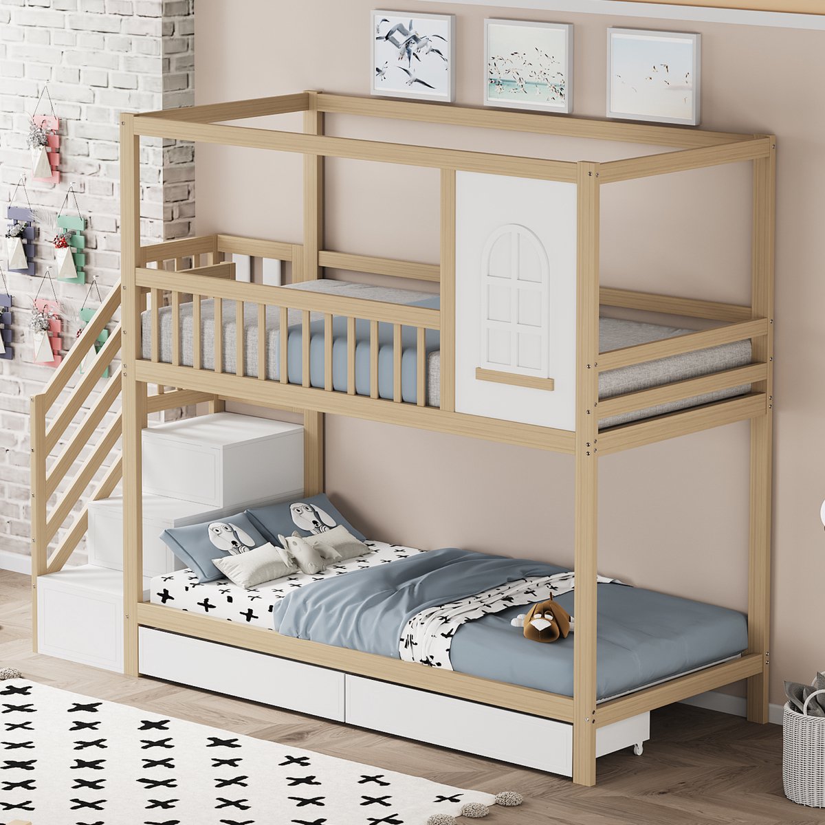 MODFU Stapelbed 90x200 cm – Massief hout – Huisvorm met raam – Veiligheidshek & veel opbergruimte – Naturel Natuurlijk hout