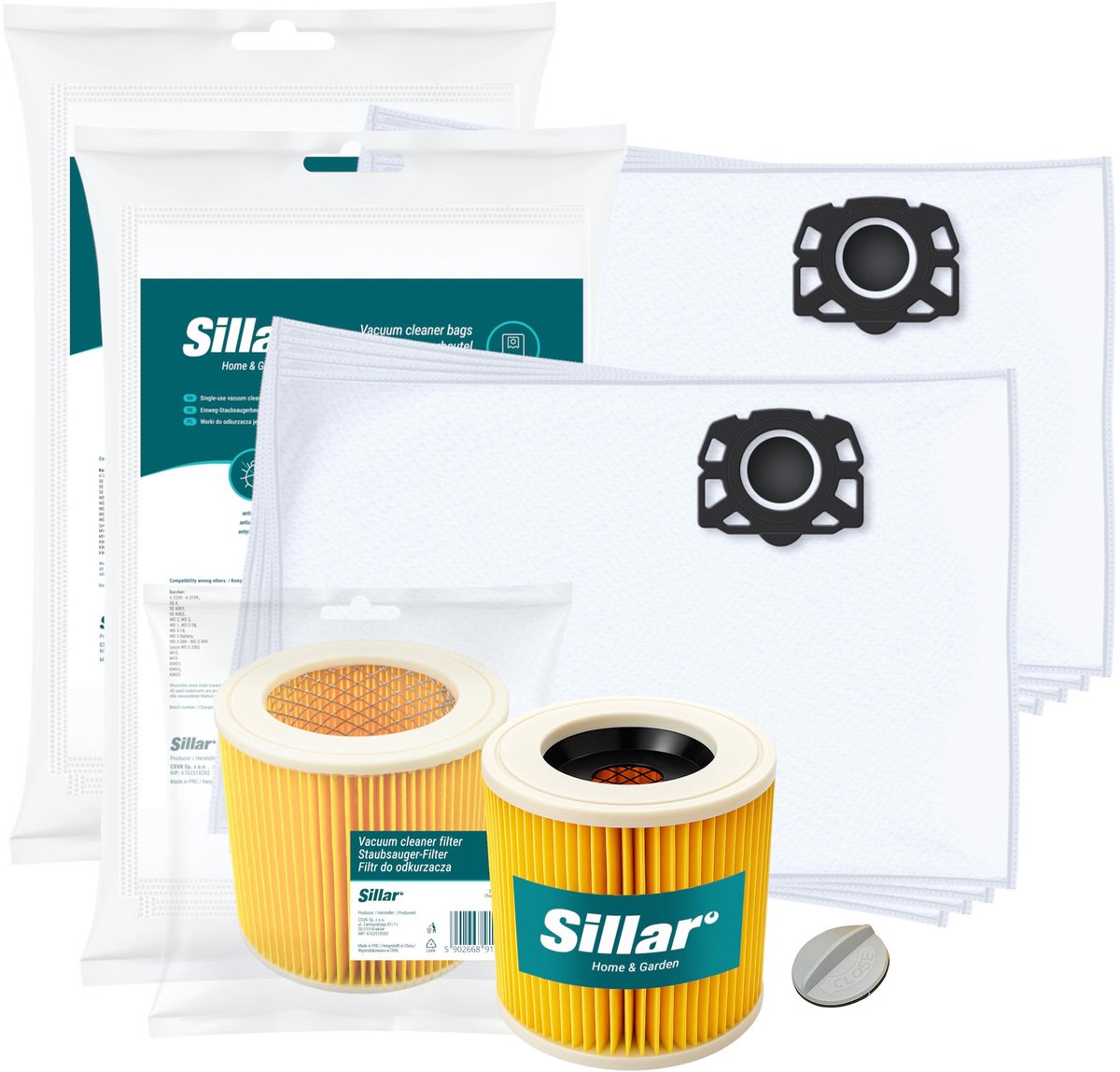 Sillar Stofzuigerzakken synthetisch, 8 stuks + 1x stofzuigerfilter versterkt met gaas - met bevestigingsplug - set voor stofzuigers - compatibel met Karcher WD1 WD2 WD3 WD3.200 KWD1 KWD2 KWD3 SE4 SE4001 SE4002 - vervangers