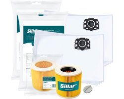 Sillar Stofzuigerzakken synthetisch, 8 stuks + 1x stofzuigerfilter versterkt met gaas - met bevestigingsplug - set voor stofzuigers - compatibel met Karcher WD1 WD2 WD3 WD3.200 KWD1 KWD2 KWD3 SE4 SE4001 SE4002 - vervangers