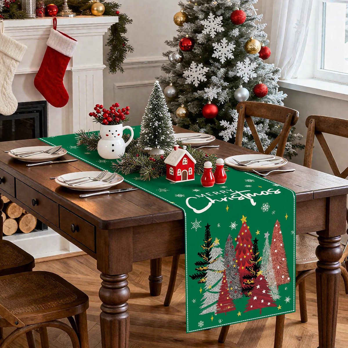 Unyqoos® Groene tafelloper voor feestelijke kerstdecoratie in woonkamer of tuin