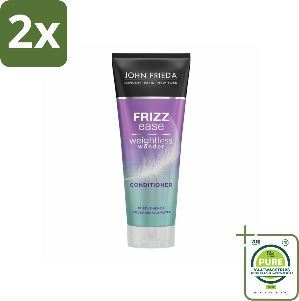 John Frieda – Conditioner – Frizz Ease Weightless Wonder – Lichtgewicht verzorging – 250 ml - Voordeelverpakking - 2 stuks - Pluisvrij haar - Lichtgewicht conditioner