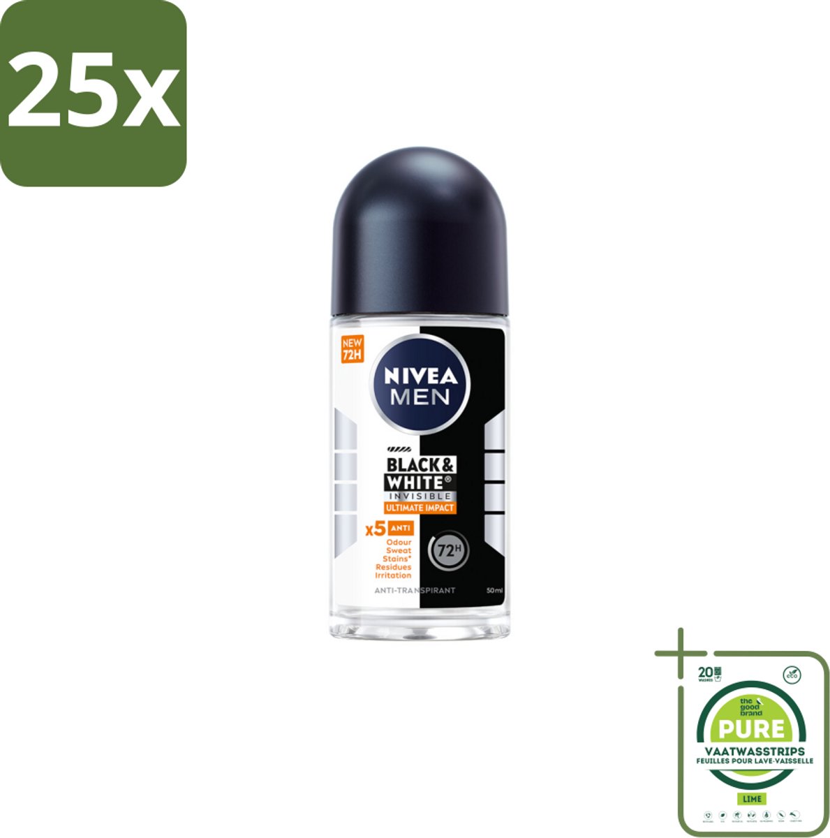 25 x NIVEA MEN - Deodorant Roller - Black & White Ultimate Impact - 50 ml - Grootverpakking - Deodorant - Zweetbestendig - Anti-vlekken - Kledingbescherming - Huidbescherming