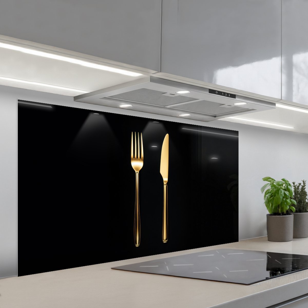 KitchenYeah Spatscherm 120x60 cm Zelfklevende achterwand Bestek Goud Mes Vork Keuken muurbeschermer Spatwand fornuis