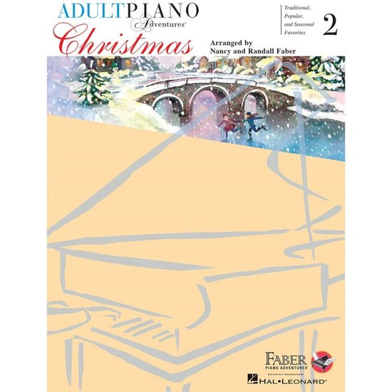 Boekomslag 'Adult Piano Adventures Christmas' met een winterse brug, schaatsers en kerstbomen.