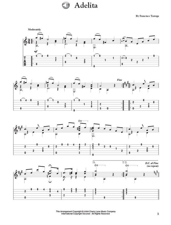Muziekblad voor Adelita, een gitaarnummer. Bevat muzieknotatie en tabulatuur.