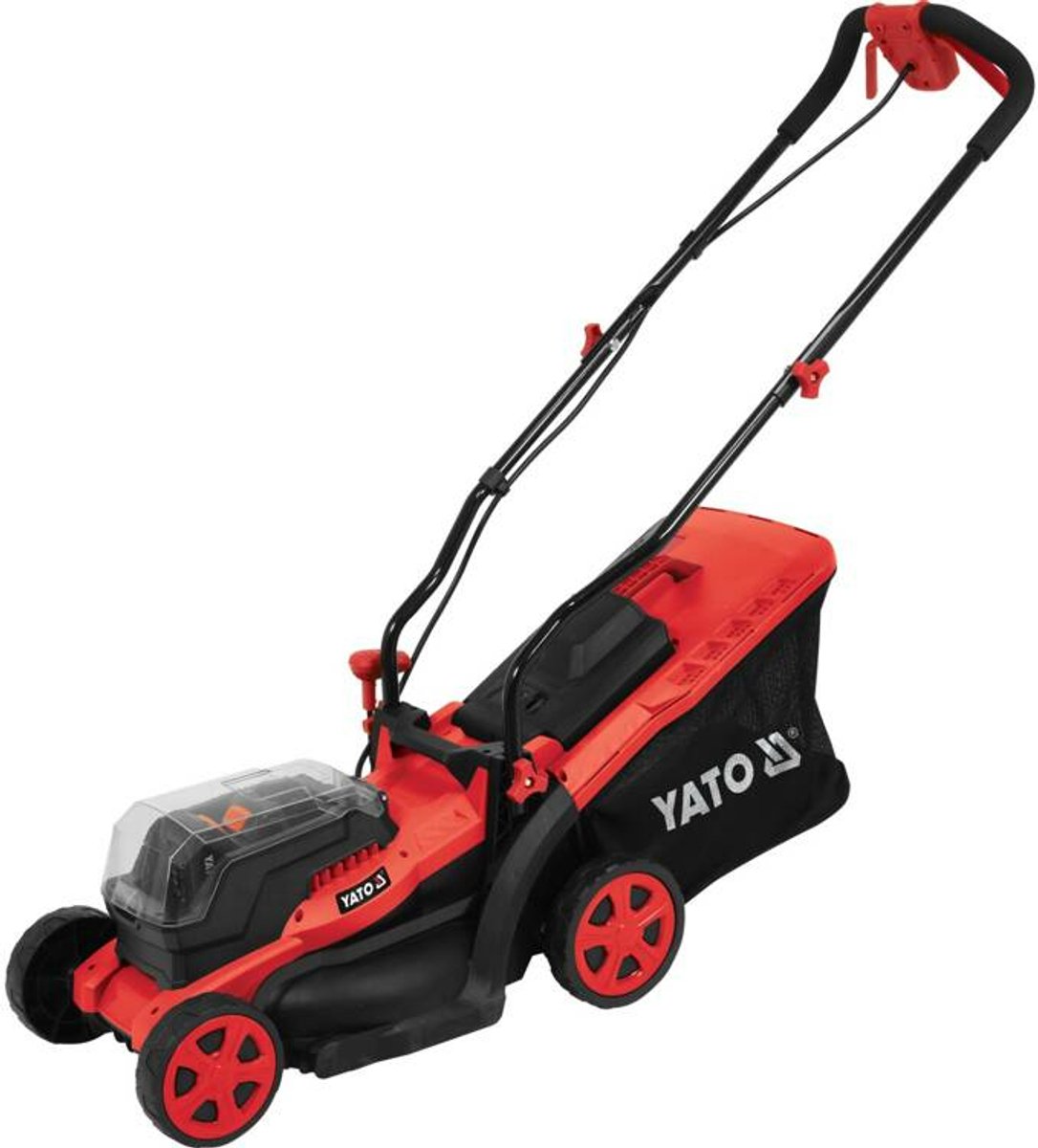 Accu Grasmaaier 36V (2x 18V) - 34 cm Maaibreedte - Inclusief 2x 2.0 Ah Accu & Snellader - Cirkelmaaier met Centrale Maaihoogteverstelling & 35L Opvangbak - YATO 18V Systeem
