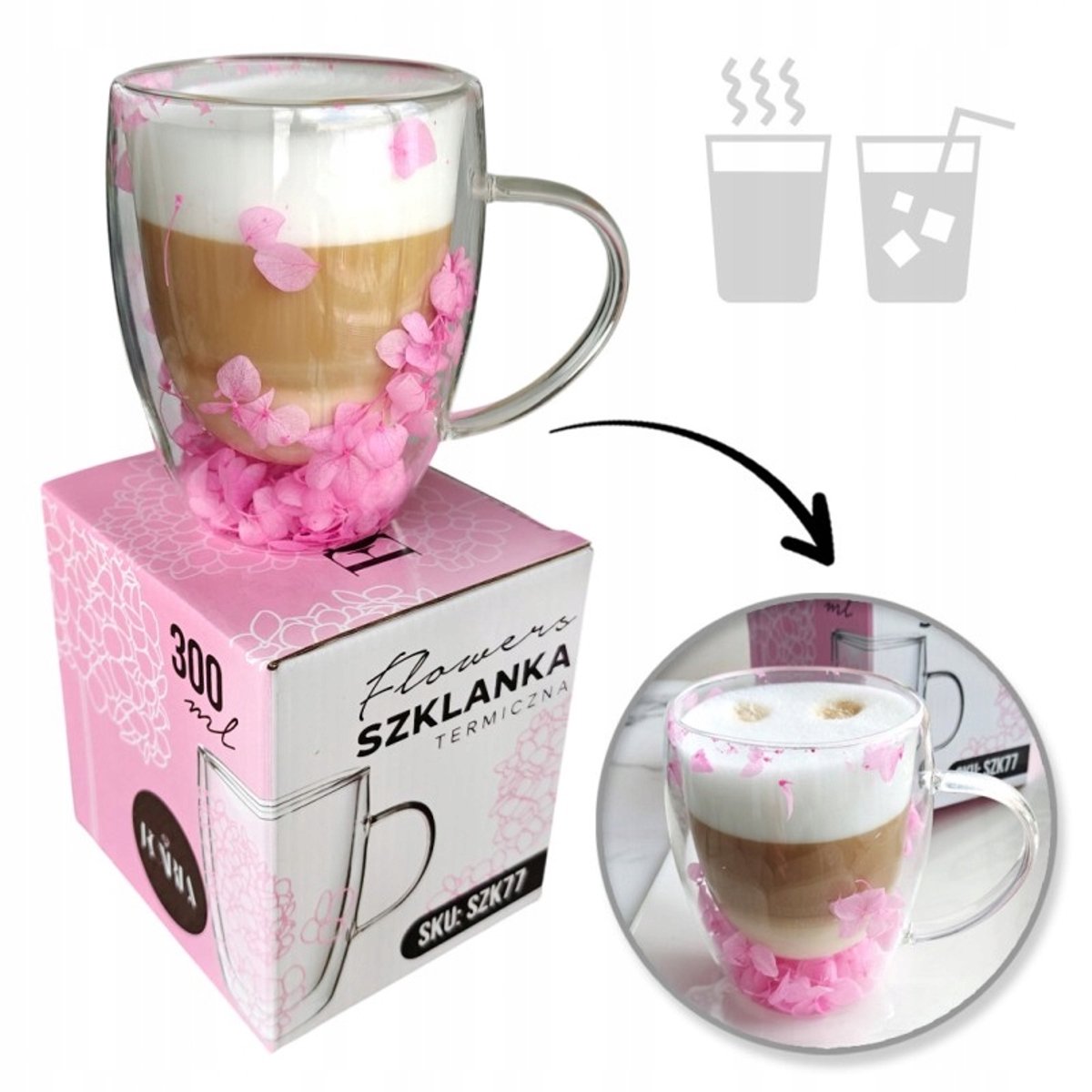 Merkloze Thermische Glas met Hortensia - Roze - 300 ml