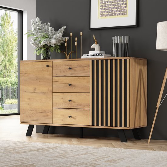 Sweiko Dressoir - Dubbele deuren - 4 lades - Massief houten poten ...