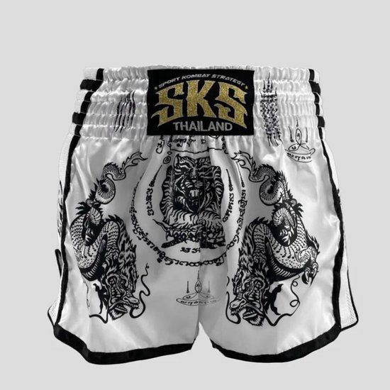Shorts de Muay Thai SKS Sakyant « Tiger et Dragon» - Wit / Zwart M