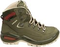 Paar groene halfhoge wandelschoenen met bruine veters.
