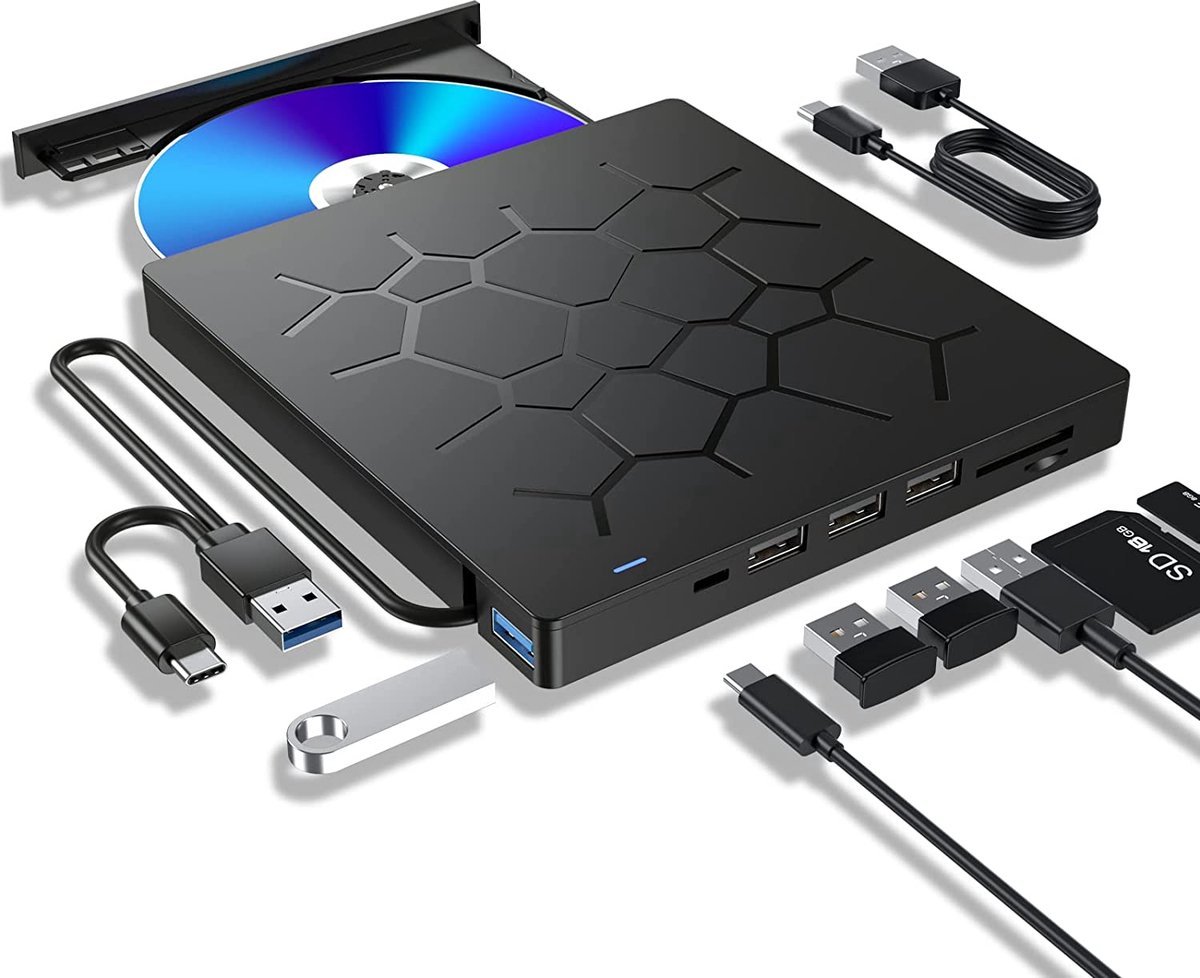 7-in-1 Externe DVD / CD Speler en Brander voor Laptop - USB 3.0 & USB-C - Windows, MacOS & Linux – 4 USB-poorten – SD/TF (Micro SD) Kaartlezer