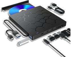 THS Externe DVD Speler voor PC en Laptop - 7-in-1 DVD/CD Brander met 4 USB Poorten en SD/TF Kaartlezer - USB 3.0 & USB-C - Windows, Mac & Linux