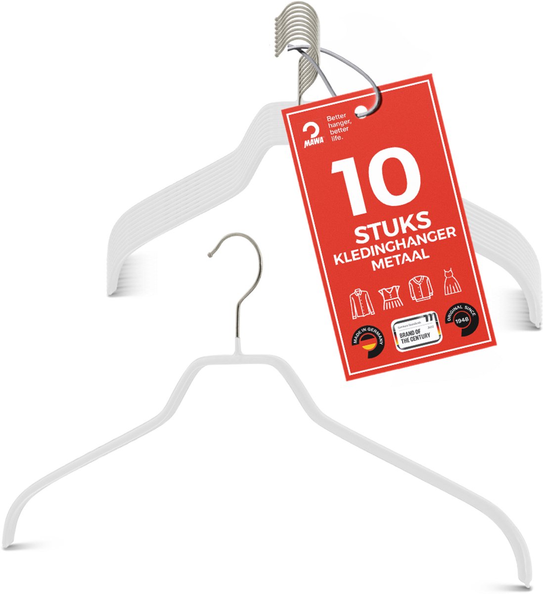 MAWA Kledinghangers - Set van 10 - Ruimtebesparende en Antislip Hangers voor Overhemden en Blouses - 360° Draaibare Haak - Hoogwaardige Antislip-Coating - 45 cm, Wit