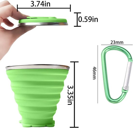2 stuks opvouwbare reisbekers, opvouwbare koffiebeker met deksel, 320 ml, BPA-vrij, intrekbaar, geschikt voor picknick, camping, outdoor, wandelen, reizen (groen + grijs) — afbeelding 5
