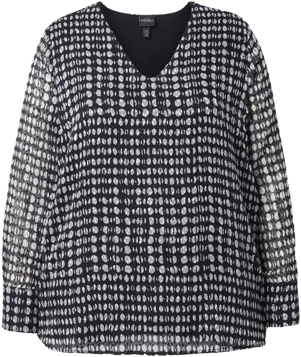 Ulla Popken - Dames - Blouse dubbellaags A-lijn V-hals lange mouw - Zwart - Maat 42+