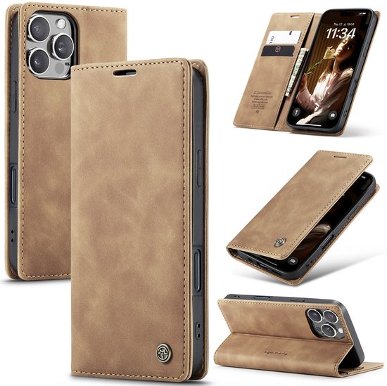 Étui portefeuille marron Caseme pour iPhone 16 Pro dans diverses positions, avec porte-cartes.