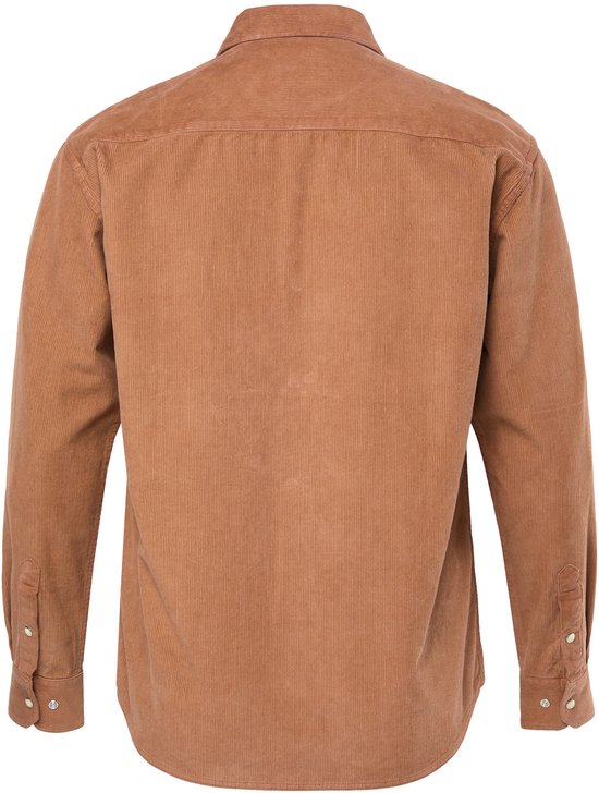 Achterkant van een bruin corduroy overhemd met lange mouwen en knopen op de manchetten.