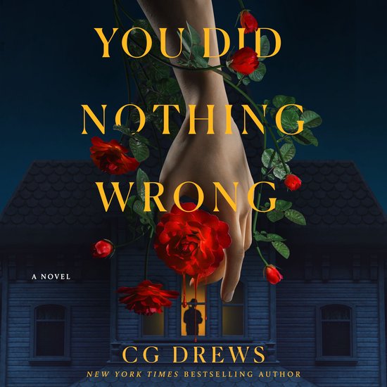 Boek "YOU DID NOTHING WRONG" met een hand die door rode rozen hangt boven een huis.