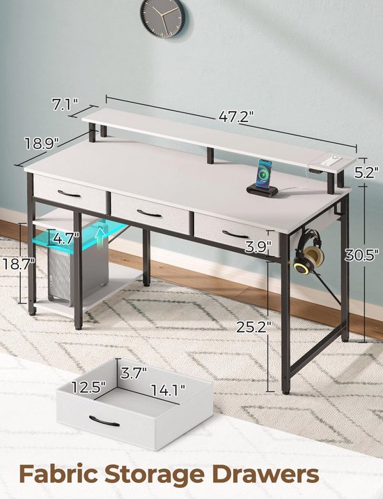 Stijlvol Gaming Bureau met USB-Aansluitingen en Verstelbare Planken - 120 x 51 x 88 cm Wit van Merkloos — afbeelding 4