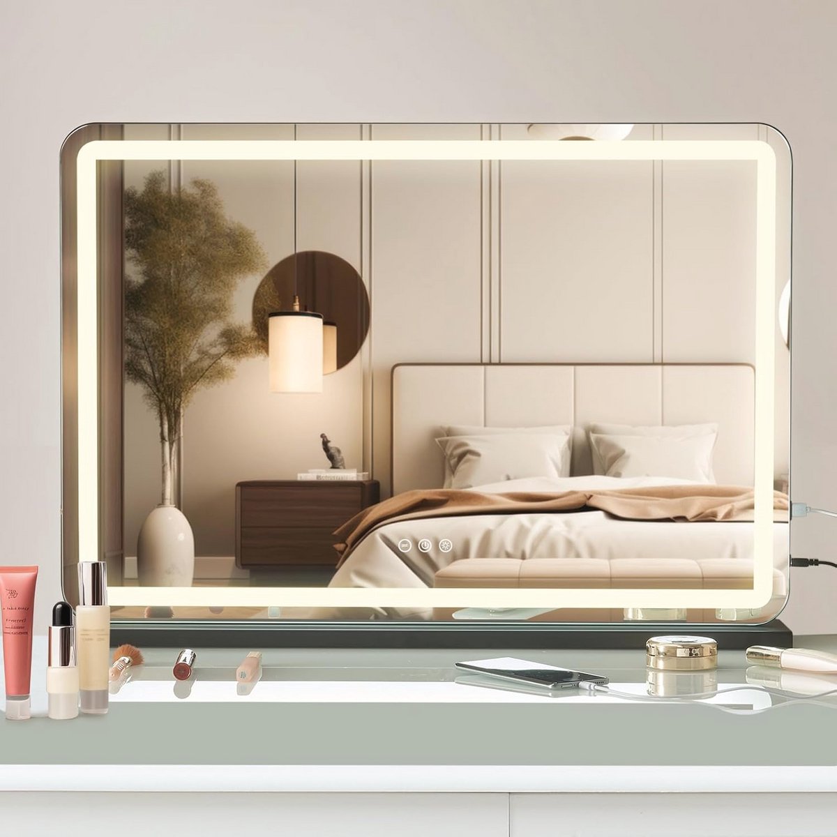 Puselo Make-upspiegel met verlichting, Hollywood-spiegel met dimbaar licht, touch-bediening, tafelspiegel met USB en 10x vergroting voor slaapkamer, make-uptafel, 80 x 55 cm, zwart