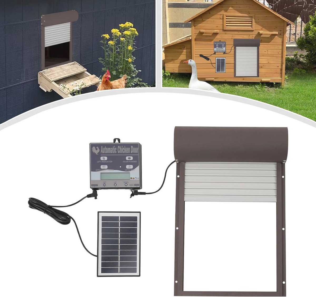Automatische kippenklep, zonne-energie met bedieningspaneel, kippendeur, elektrische kippenklep, deuropener met afstandsbediening/handmatig/timer/lichtsensormodus voor gevogelte (donkerbruin)