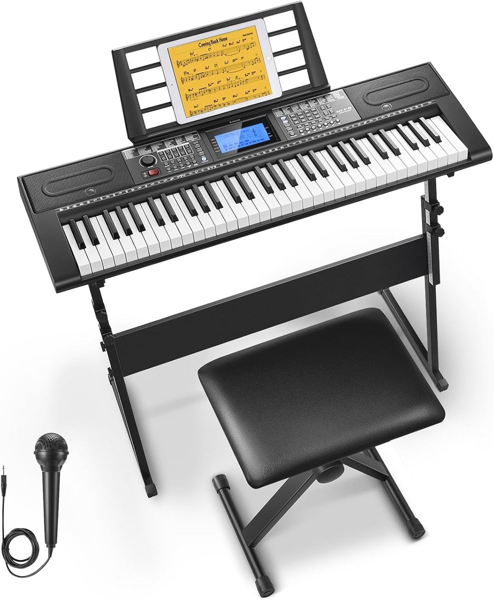 Elektrisch Keyboard Piano met 61 Toetsen, 249 Stemmen en Ritmes, Inclusief Standard en Kruk - Perfect Cadeau voor Beginners