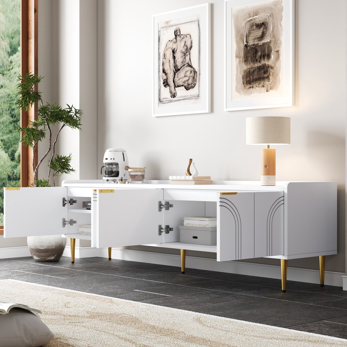 Merax Tv-meubel - lage kast met gestructureerde deuren - gouden handgrepen en gouden poten - 170 x 35 x 47,5 cm Wit